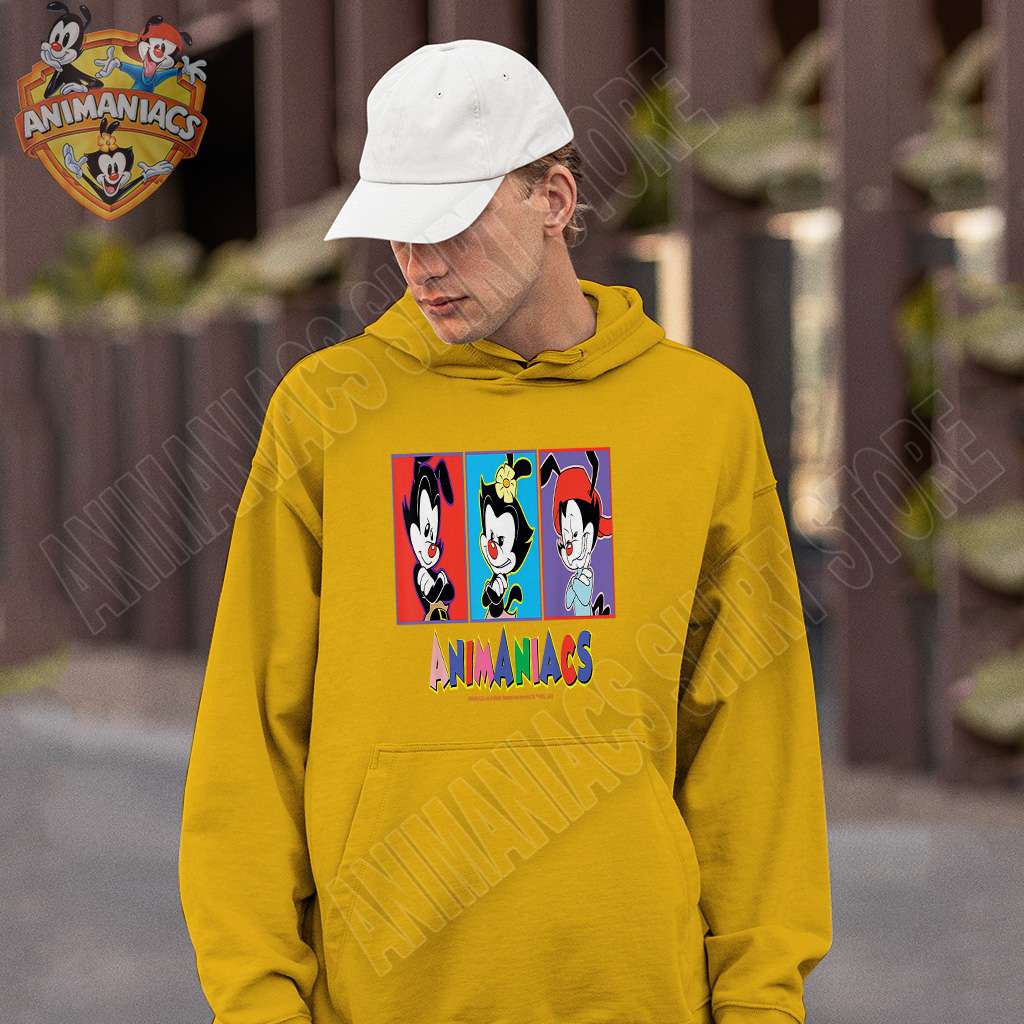 Yellow Hoodie Animaniacs Yakko Wakko And Dot Box Up Yellow Men Hoodies