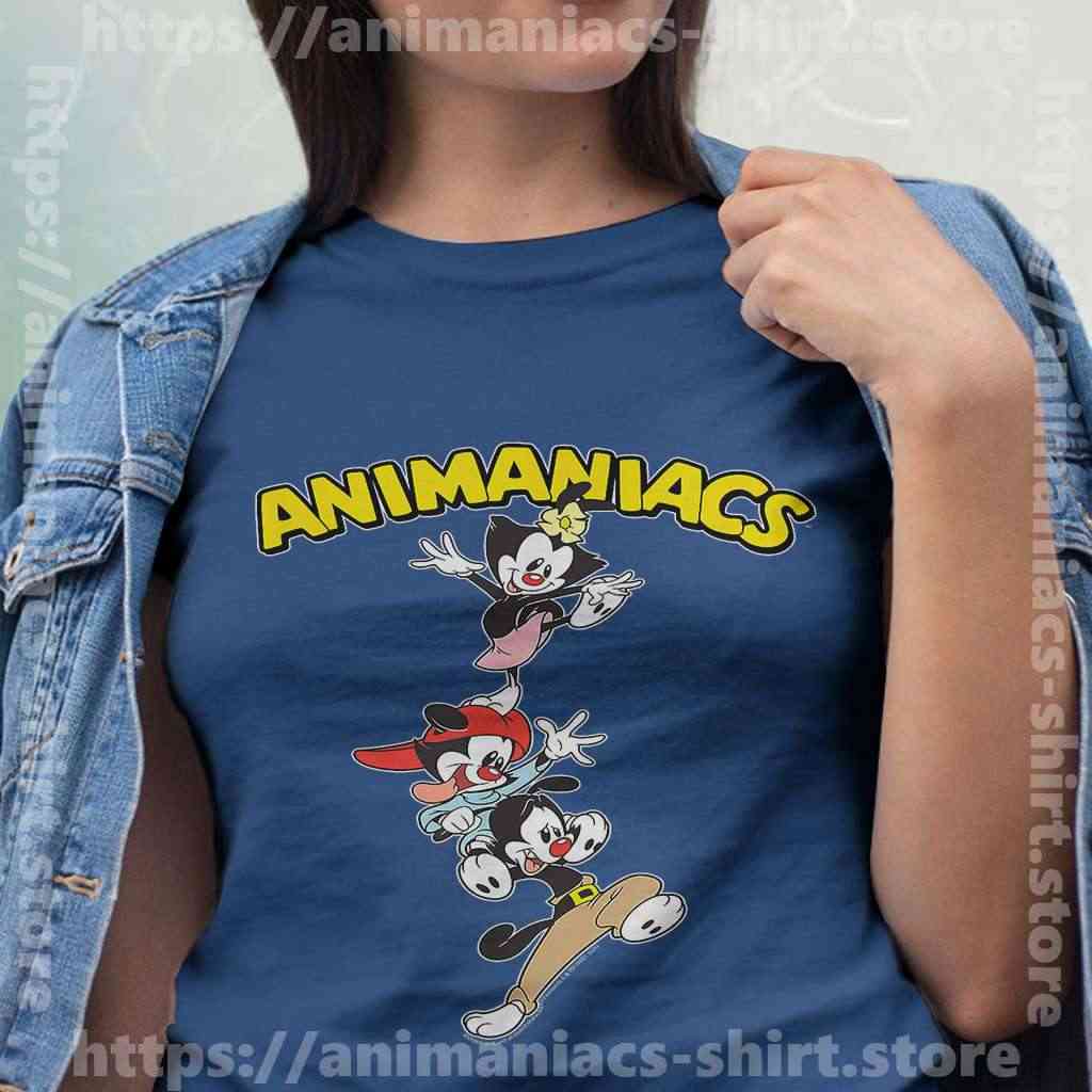 Women Animaniacs T Shirt Blue Cartoon Group Stacked Vintage Animaniacs